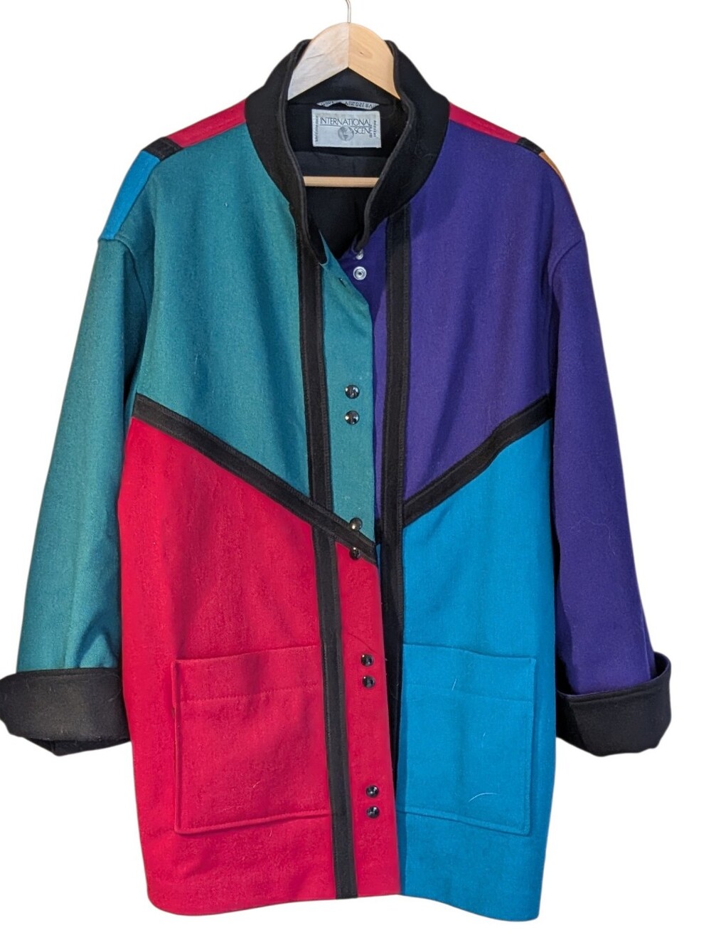 International Scene Colorblock Wool Coat Large Vintage 80s Colorful Retro Cozy